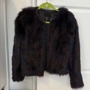 H&M Faux Fur Burgundy + Navy Toned Faux Leather Trim Coat